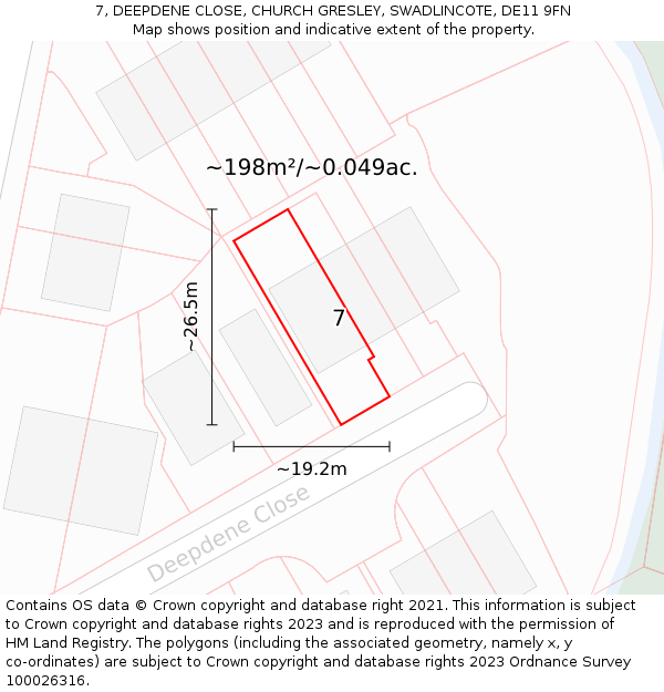 7, DEEPDENE CLOSE, CHURCH GRESLEY, SWADLINCOTE, DE11 9FN: Plot and title map