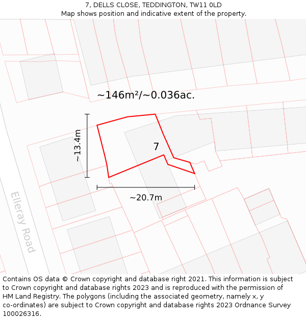 7, DELLS CLOSE, TEDDINGTON, TW11 0LD: Plot and title map