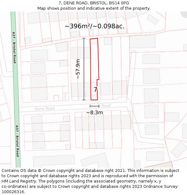 7, DENE ROAD, BRISTOL, BS14 0PG: Plot and title map