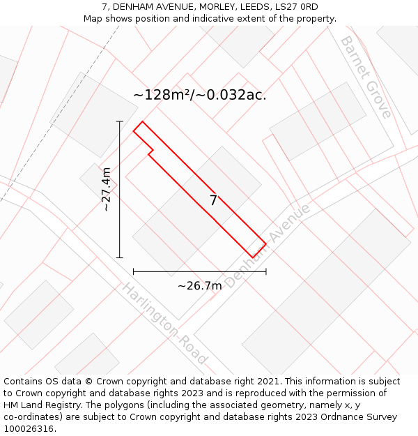 7, DENHAM AVENUE, MORLEY, LEEDS, LS27 0RD: Plot and title map