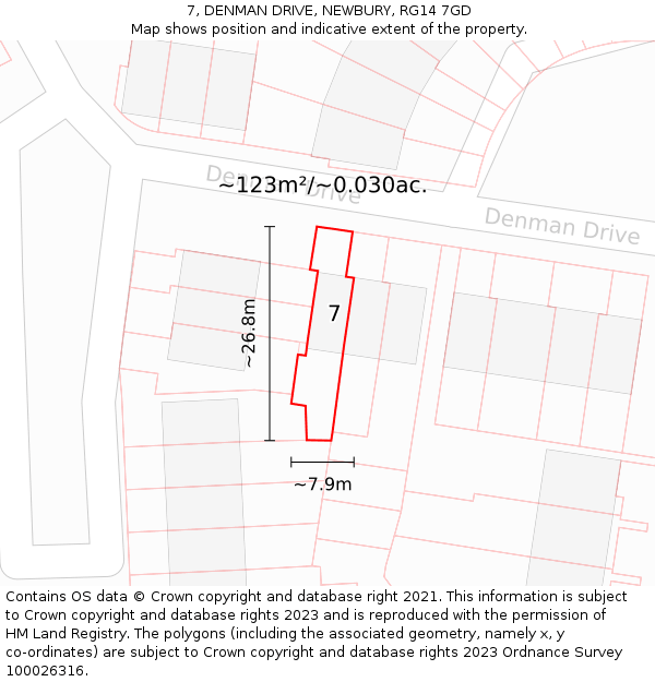 7, DENMAN DRIVE, NEWBURY, RG14 7GD: Plot and title map