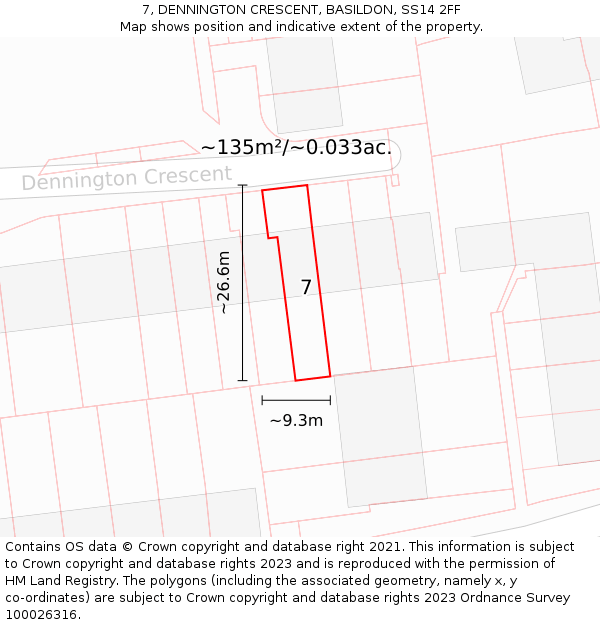7, DENNINGTON CRESCENT, BASILDON, SS14 2FF: Plot and title map