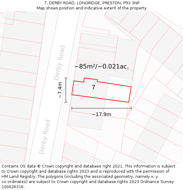 7, DERBY ROAD, LONGRIDGE, PRESTON, PR3 3NP: Plot and title map