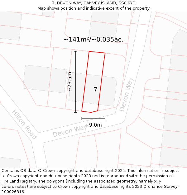 7, DEVON WAY, CANVEY ISLAND, SS8 9YD: Plot and title map