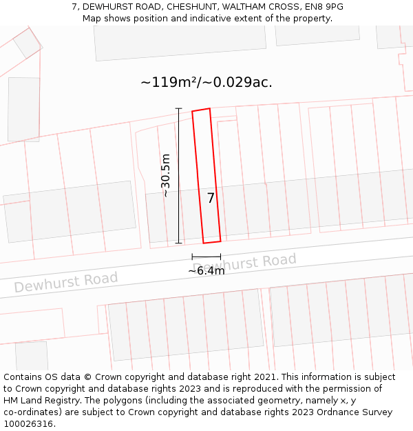 7, DEWHURST ROAD, CHESHUNT, WALTHAM CROSS, EN8 9PG: Plot and title map