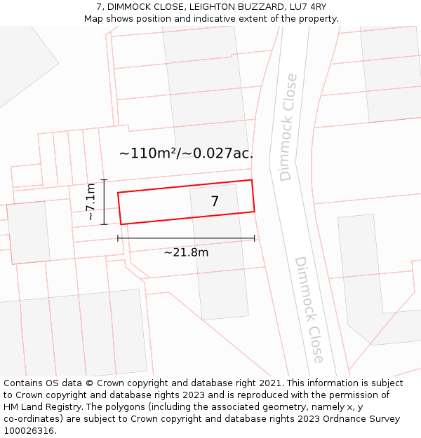 7, DIMMOCK CLOSE, LEIGHTON BUZZARD, LU7 4RY: Plot and title map
