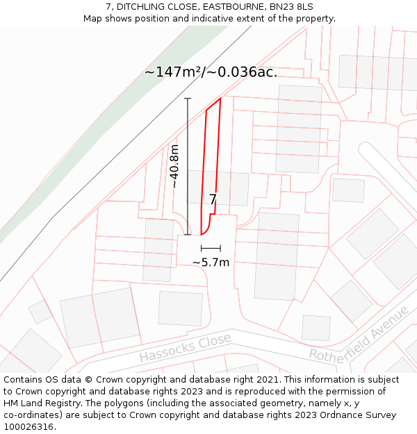7, DITCHLING CLOSE, EASTBOURNE, BN23 8LS: Plot and title map