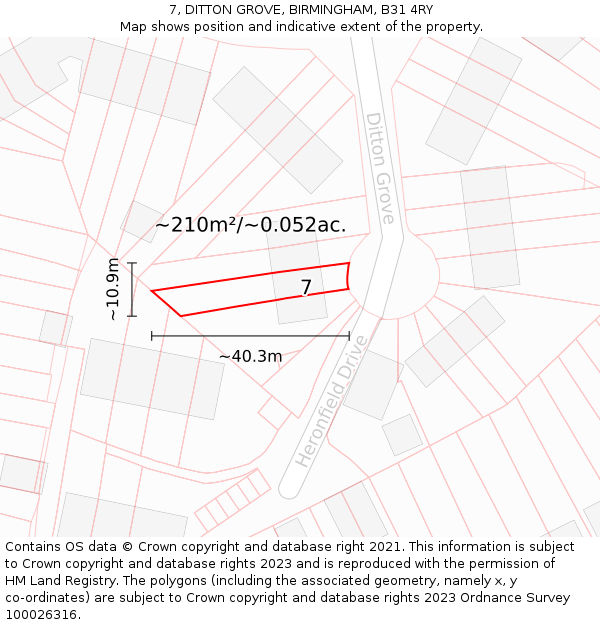 7, DITTON GROVE, BIRMINGHAM, B31 4RY: Plot and title map