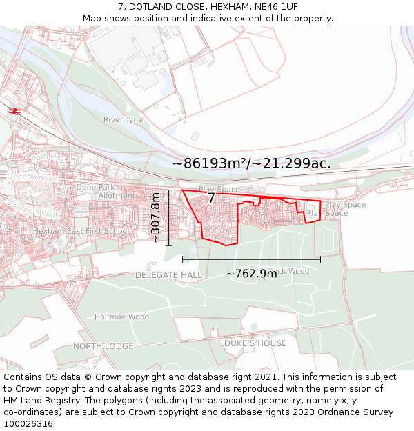 7, DOTLAND CLOSE, HEXHAM, NE46 1UF: Plot and title map