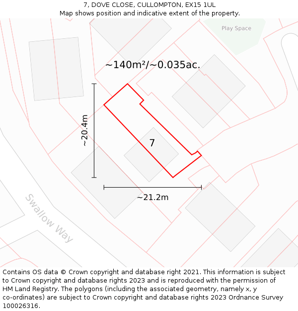 7, DOVE CLOSE, CULLOMPTON, EX15 1UL: Plot and title map