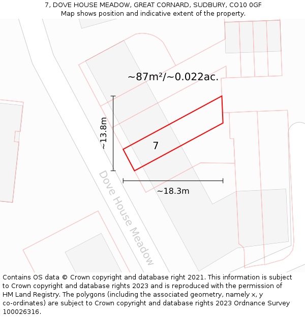 7, DOVE HOUSE MEADOW, GREAT CORNARD, SUDBURY, CO10 0GF: Plot and title map