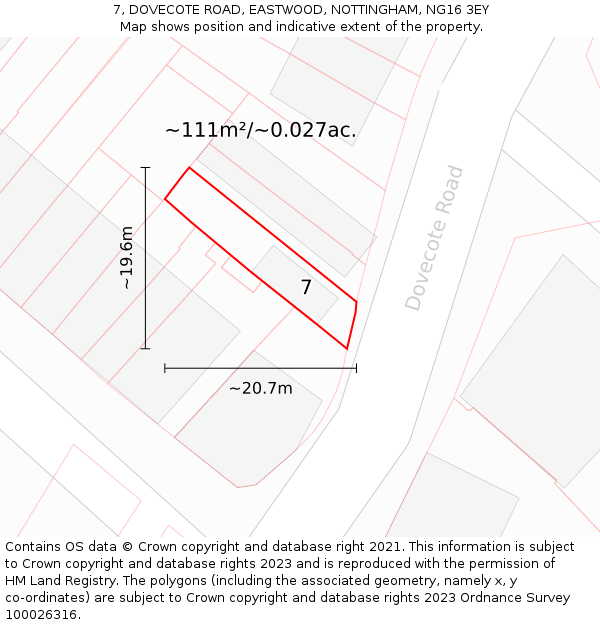 7, DOVECOTE ROAD, EASTWOOD, NOTTINGHAM, NG16 3EY: Plot and title map