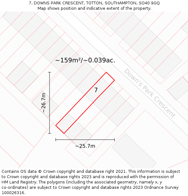 7, DOWNS PARK CRESCENT, TOTTON, SOUTHAMPTON, SO40 9GQ: Plot and title map