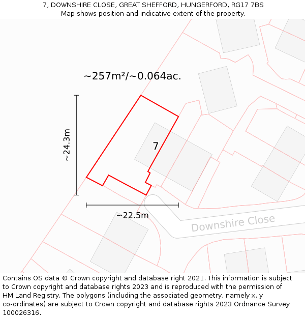 7, DOWNSHIRE CLOSE, GREAT SHEFFORD, HUNGERFORD, RG17 7BS: Plot and title map