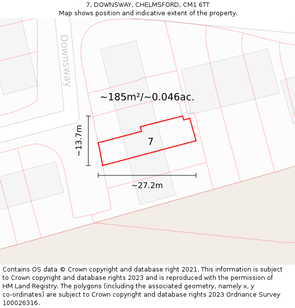 7, DOWNSWAY, CHELMSFORD, CM1 6TT: Plot and title map