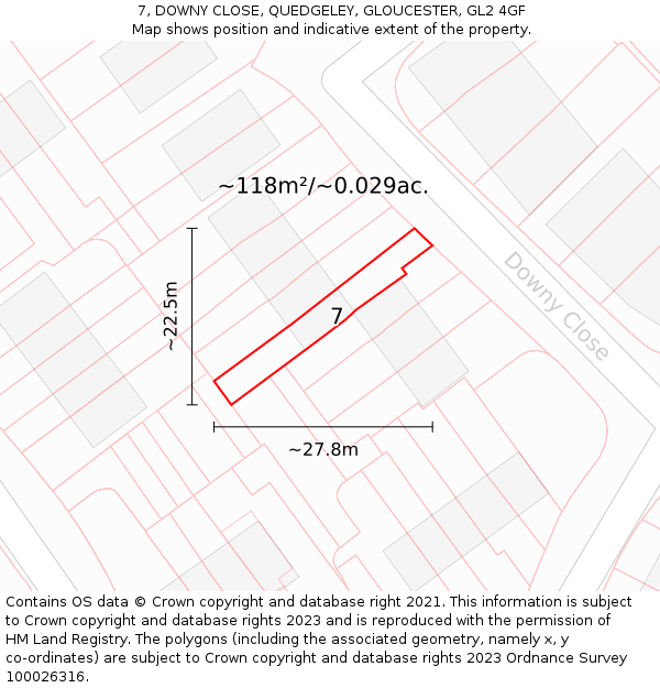 7, DOWNY CLOSE, QUEDGELEY, GLOUCESTER, GL2 4GF: Plot and title map