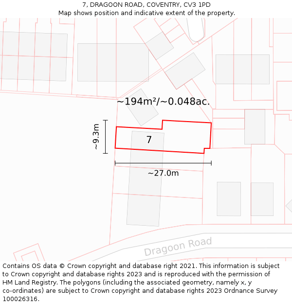 7, DRAGOON ROAD, COVENTRY, CV3 1PD: Plot and title map