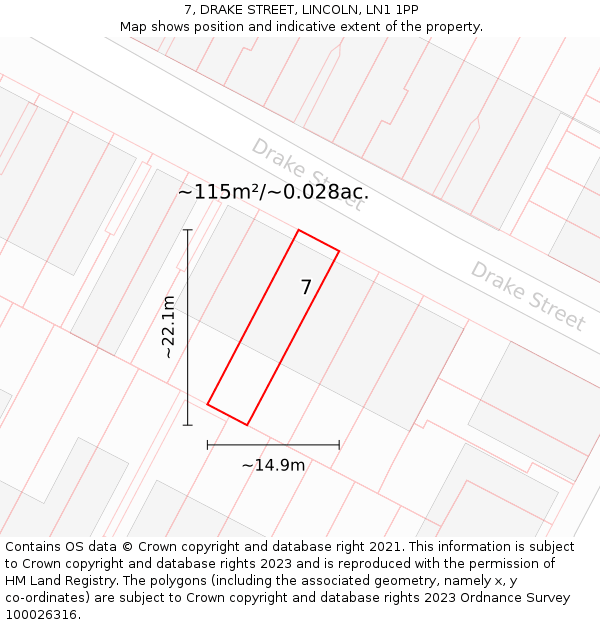 7, DRAKE STREET, LINCOLN, LN1 1PP: Plot and title map