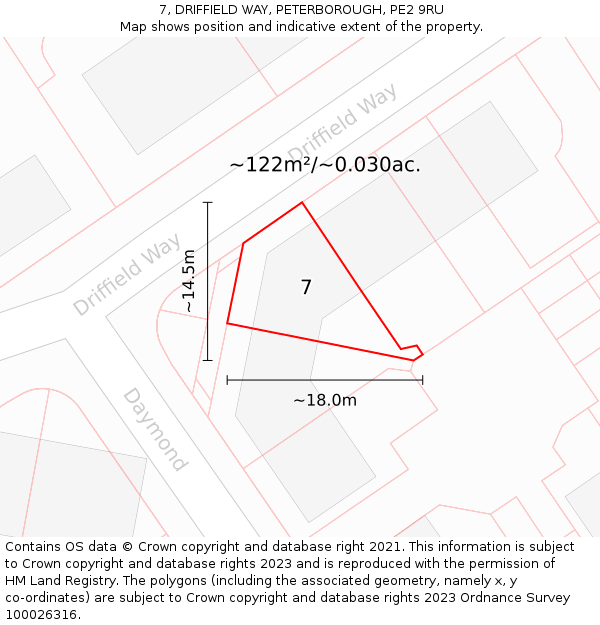 7, DRIFFIELD WAY, PETERBOROUGH, PE2 9RU: Plot and title map