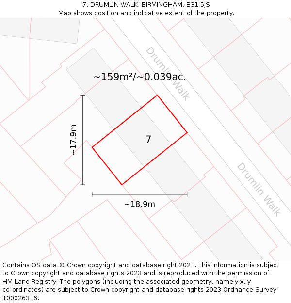 7, DRUMLIN WALK, BIRMINGHAM, B31 5JS: Plot and title map