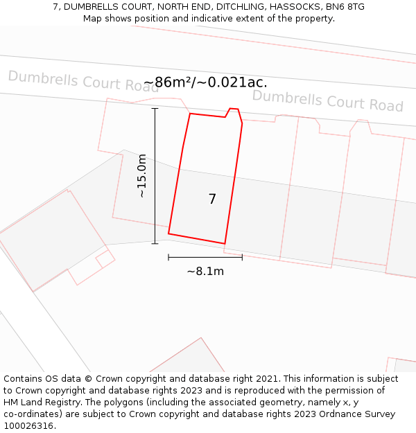 7, DUMBRELLS COURT, NORTH END, DITCHLING, HASSOCKS, BN6 8TG: Plot and title map