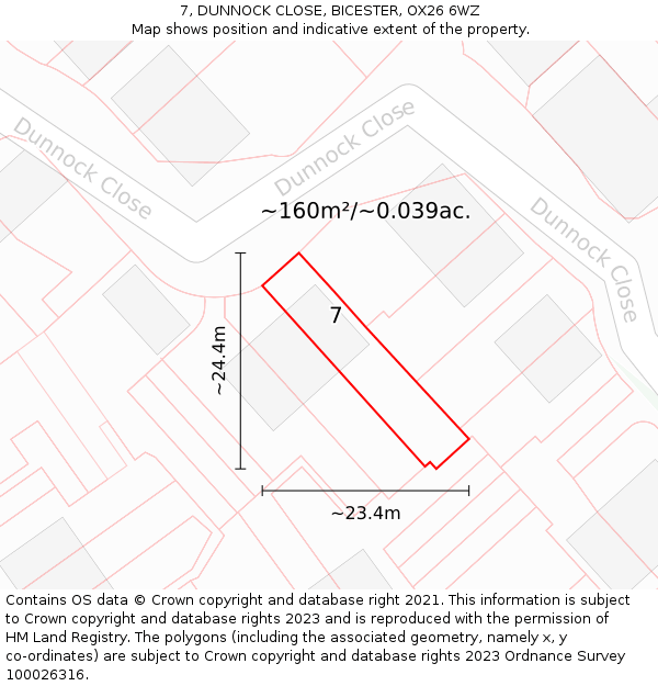 7, DUNNOCK CLOSE, BICESTER, OX26 6WZ: Plot and title map