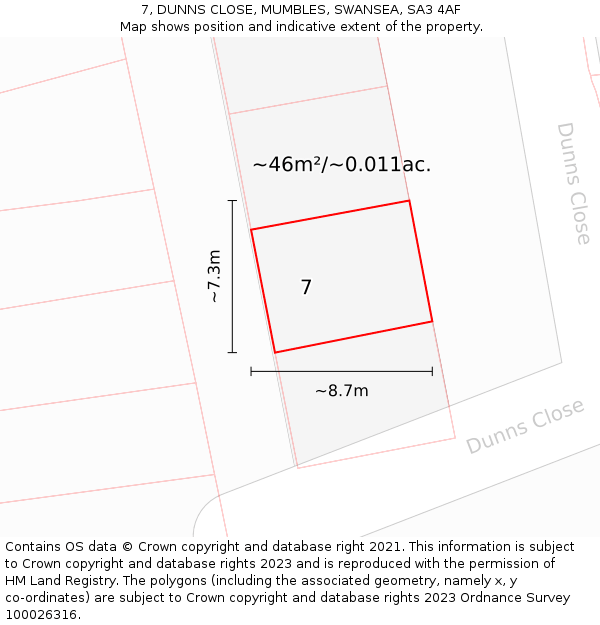 7, DUNNS CLOSE, MUMBLES, SWANSEA, SA3 4AF: Plot and title map