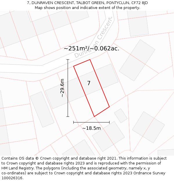7, DUNRAVEN CRESCENT, TALBOT GREEN, PONTYCLUN, CF72 8JD: Plot and title map