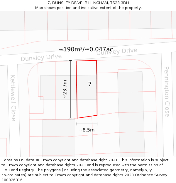 7, DUNSLEY DRIVE, BILLINGHAM, TS23 3DH: Plot and title map