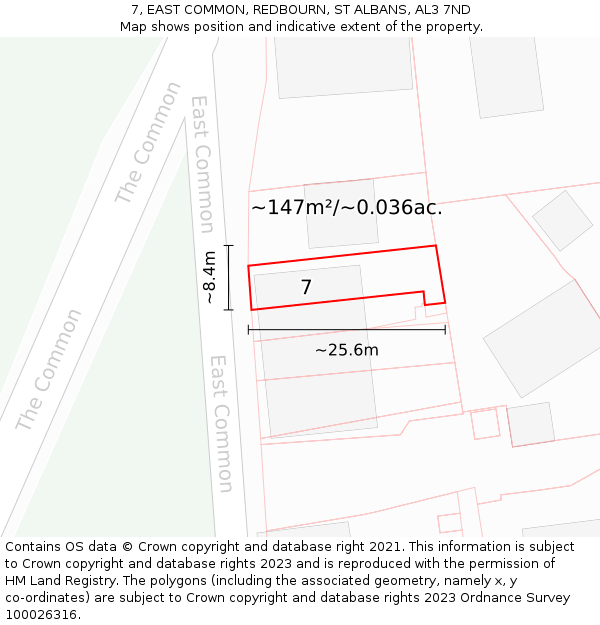 7, EAST COMMON, REDBOURN, ST ALBANS, AL3 7ND: Plot and title map