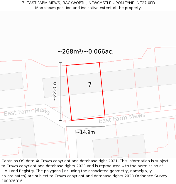 7, EAST FARM MEWS, BACKWORTH, NEWCASTLE UPON TYNE, NE27 0FB: Plot and title map