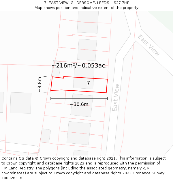 7, EAST VIEW, GILDERSOME, LEEDS, LS27 7HP: Plot and title map