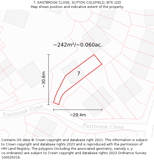 7, EASTBROOK CLOSE, SUTTON COLDFIELD, B76 1DD: Plot and title map