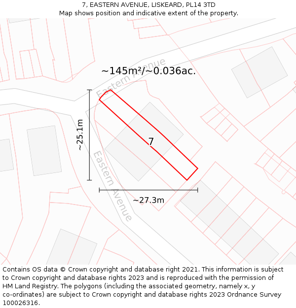 7, EASTERN AVENUE, LISKEARD, PL14 3TD: Plot and title map