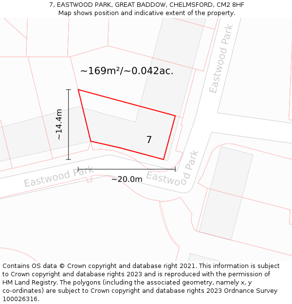 7, EASTWOOD PARK, GREAT BADDOW, CHELMSFORD, CM2 8HF: Plot and title map