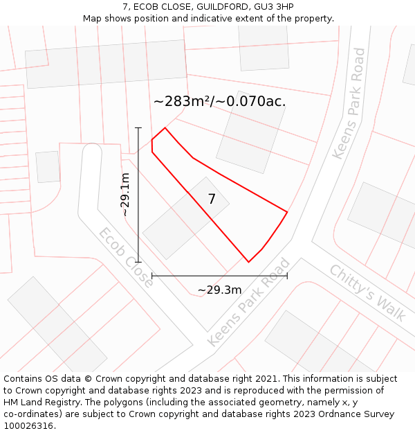 7, ECOB CLOSE, GUILDFORD, GU3 3HP: Plot and title map