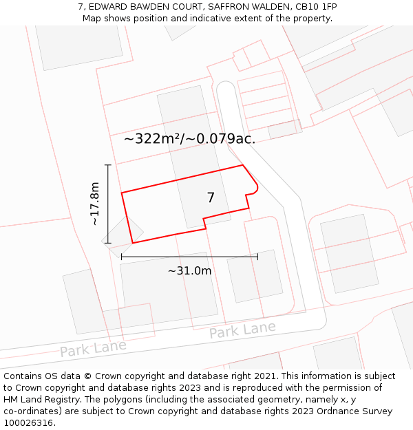 7, EDWARD BAWDEN COURT, SAFFRON WALDEN, CB10 1FP: Plot and title map