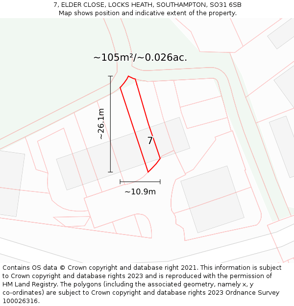7, ELDER CLOSE, LOCKS HEATH, SOUTHAMPTON, SO31 6SB: Plot and title map