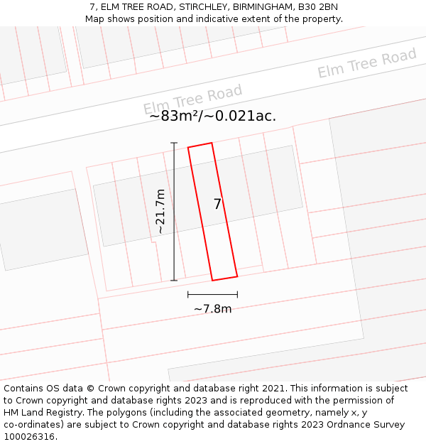 7, ELM TREE ROAD, STIRCHLEY, BIRMINGHAM, B30 2BN: Plot and title map