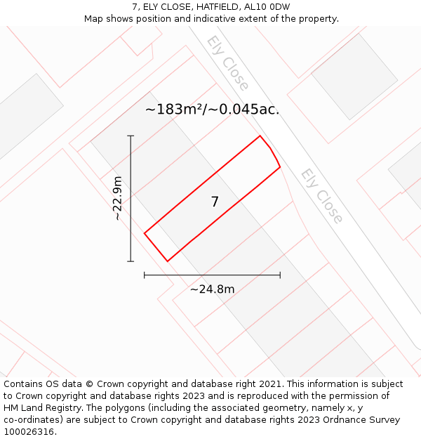 7, ELY CLOSE, HATFIELD, AL10 0DW: Plot and title map