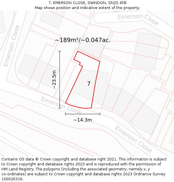 7, EMERSON CLOSE, SWINDON, SN25 4FB: Plot and title map