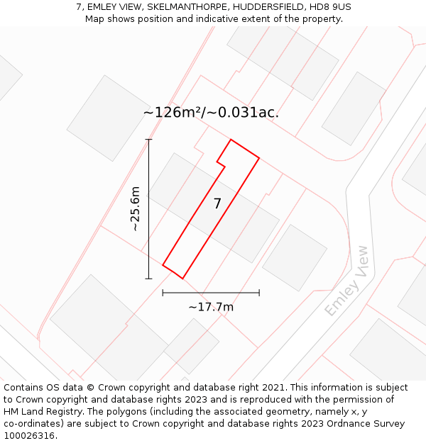 7, EMLEY VIEW, SKELMANTHORPE, HUDDERSFIELD, HD8 9US: Plot and title map