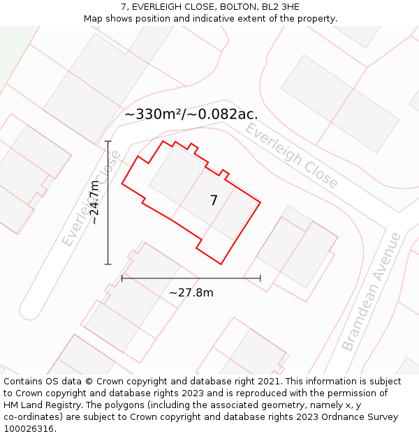 7, EVERLEIGH CLOSE, BOLTON, BL2 3HE: Plot and title map