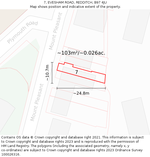 7, EVESHAM ROAD, REDDITCH, B97 4JU: Plot and title map