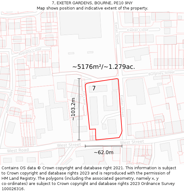 7, EXETER GARDENS, BOURNE, PE10 9NY: Plot and title map