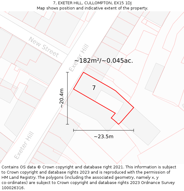 7, EXETER HILL, CULLOMPTON, EX15 1DJ: Plot and title map