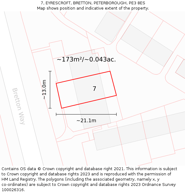 7, EYRESCROFT, BRETTON, PETERBOROUGH, PE3 8ES: Plot and title map