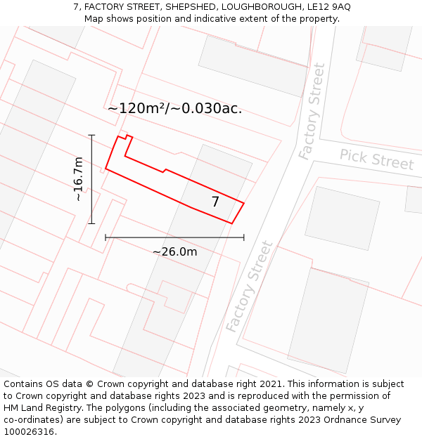 7, FACTORY STREET, SHEPSHED, LOUGHBOROUGH, LE12 9AQ: Plot and title map