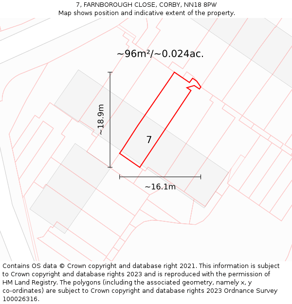 7, FARNBOROUGH CLOSE, CORBY, NN18 8PW: Plot and title map