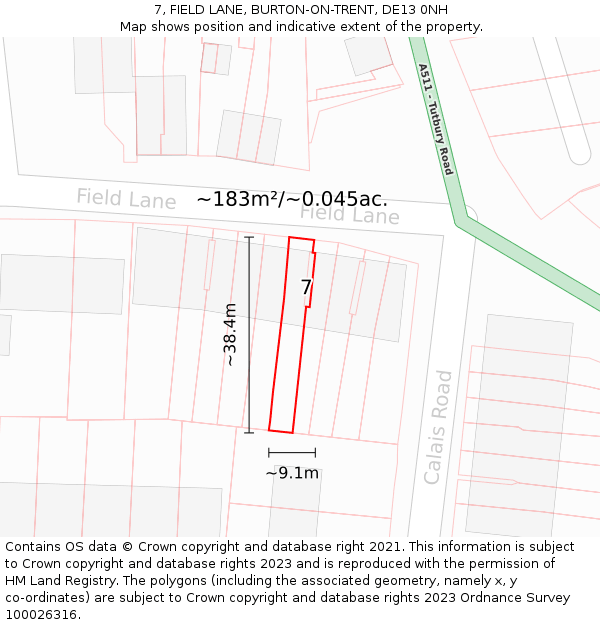 7, FIELD LANE, BURTON-ON-TRENT, DE13 0NH: Plot and title map